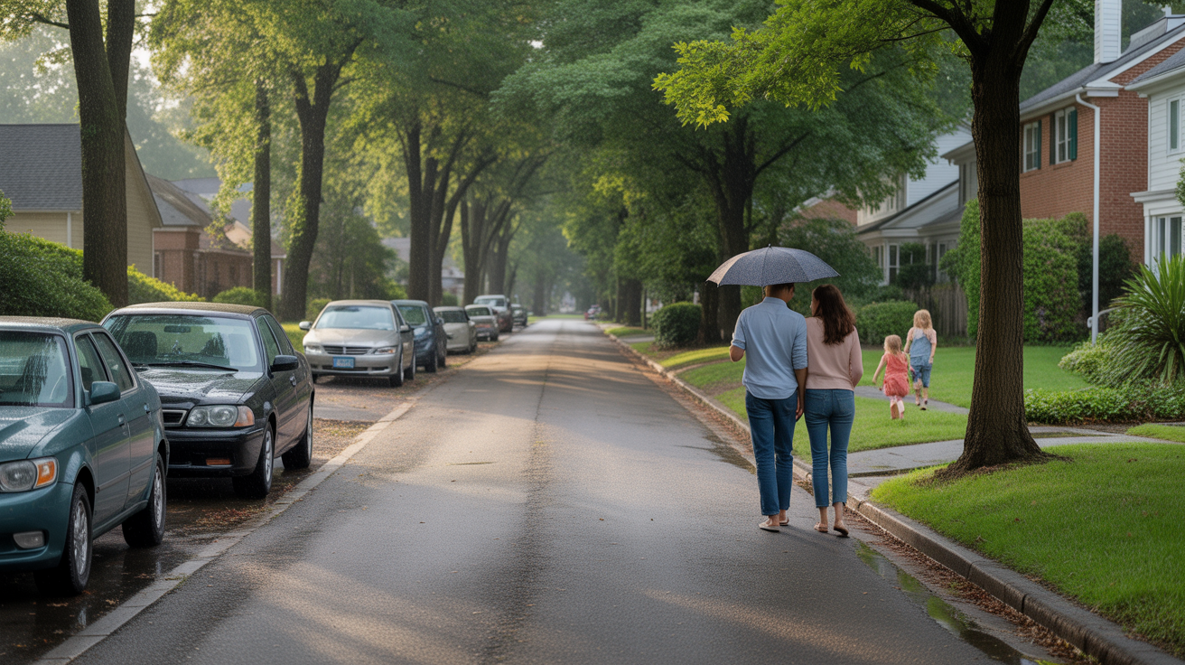 A quiet residential street in Wake Forest, NC after a brief rain shower, with a young couple walking and children playing in the distance.