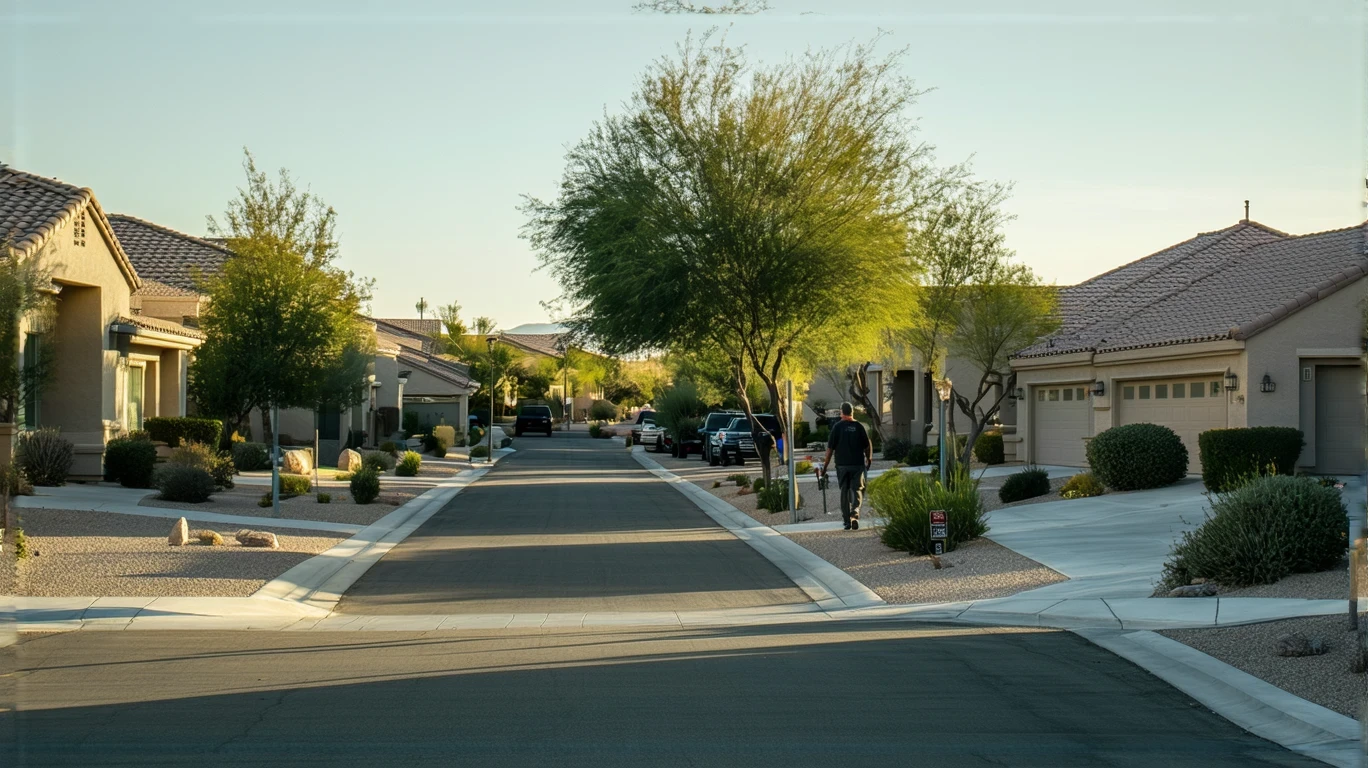 Suburban street in Summerlin South with stucco homes, xeriscaped yards, man walking dog