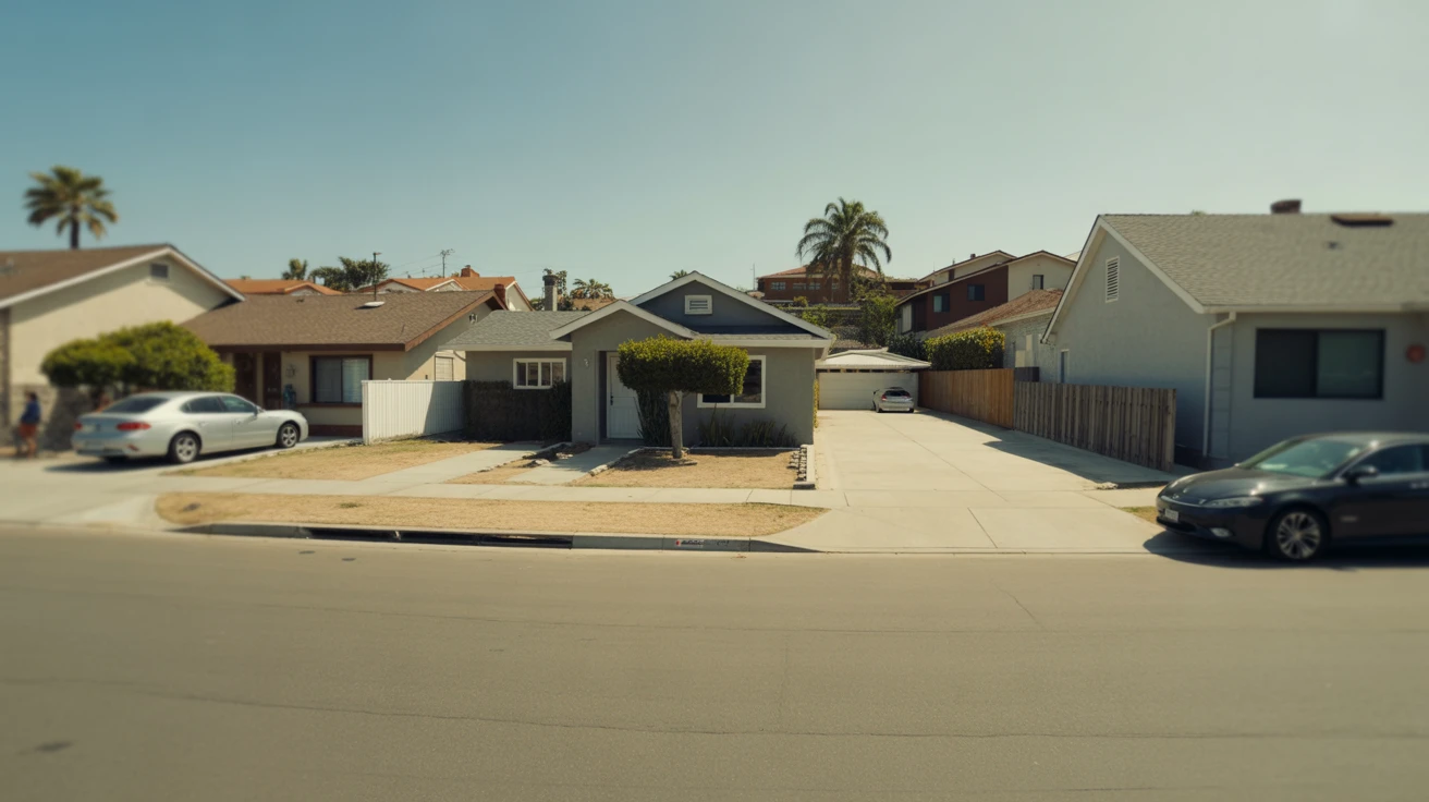 Exterior view of an average single-family home with front yard and driveway in a residential El Cajon neighborhood.