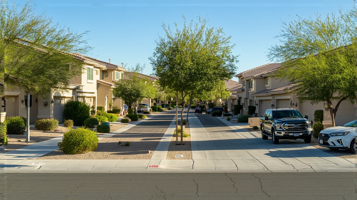 A sunny, residential street in Glendale, Arizona with stucco homes and xeriscaped yards.