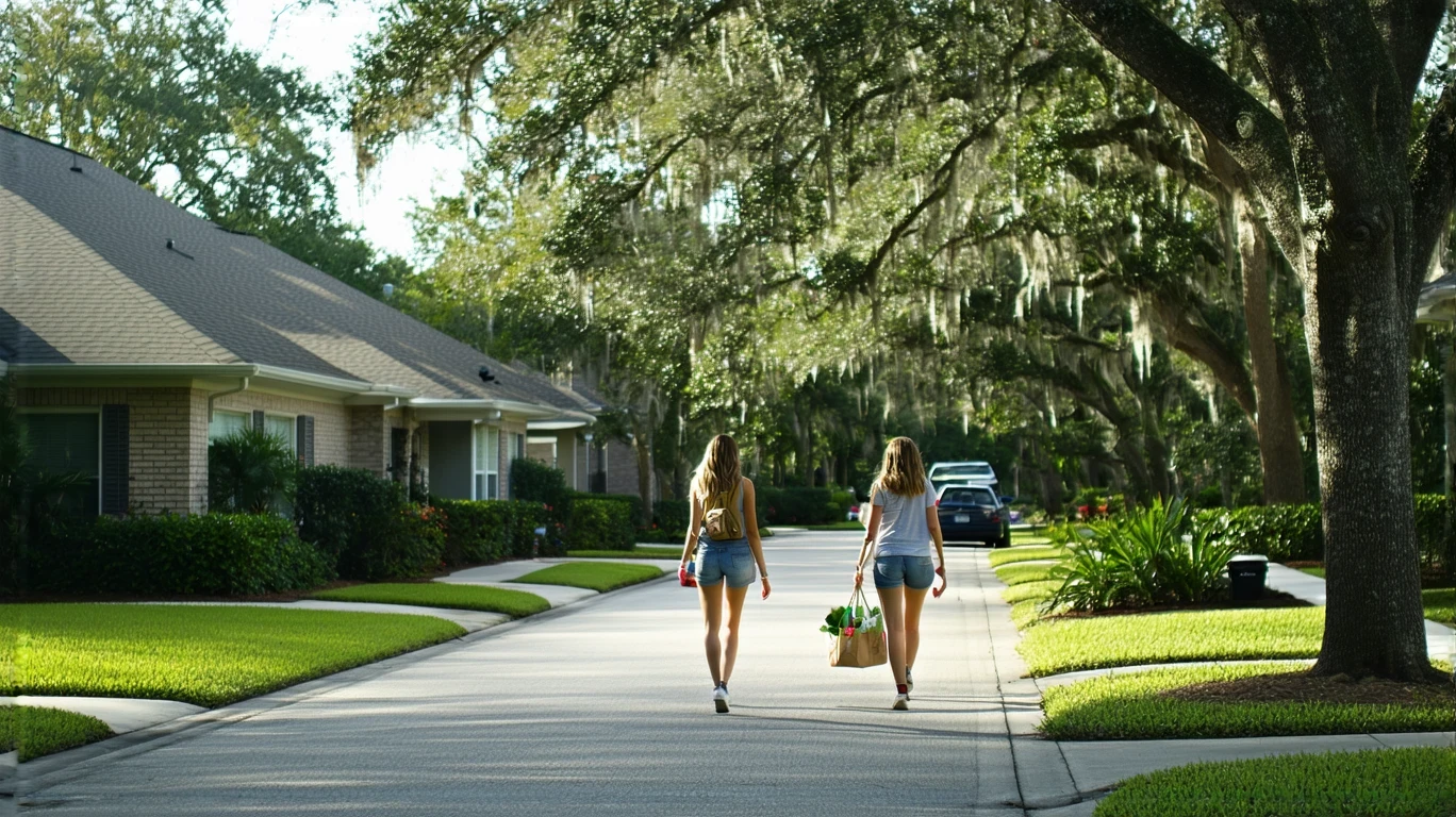 A woman carrying groceries walks along a sidewalk in a suburban Wesley Chapel neighborhood lined with modest single-family homes and trees.