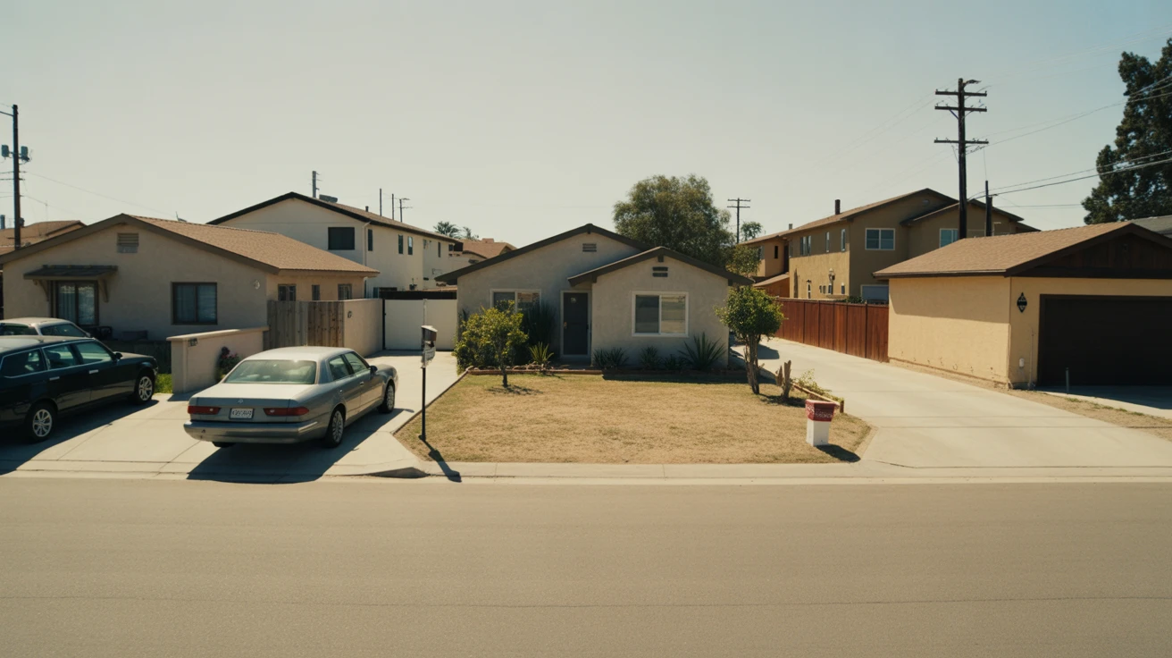Exterior view of a modest single-story home in El Cajon with a small front yard and parked car in the driveway on a sunny day.