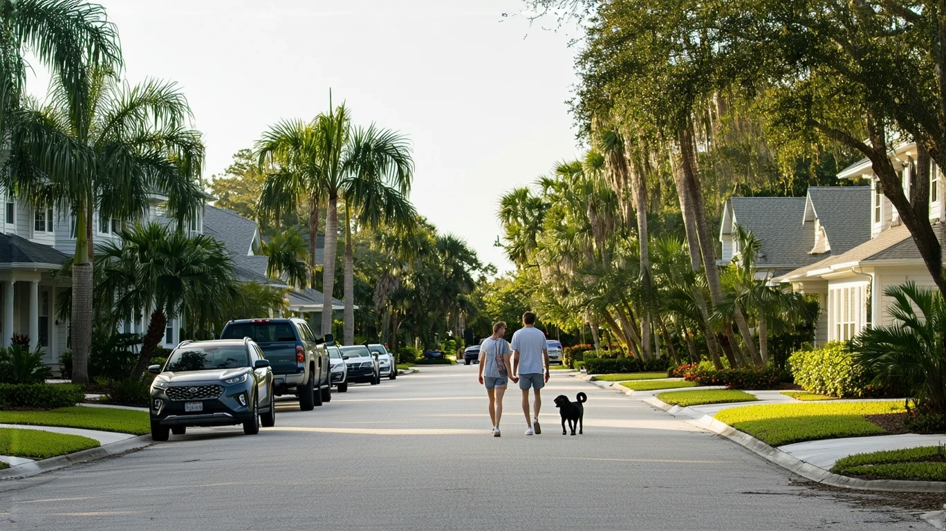 A residential street in St Petersburg, Florida with craftsman-style homes, palm trees, and a couple walking their dog on the sidewalk.