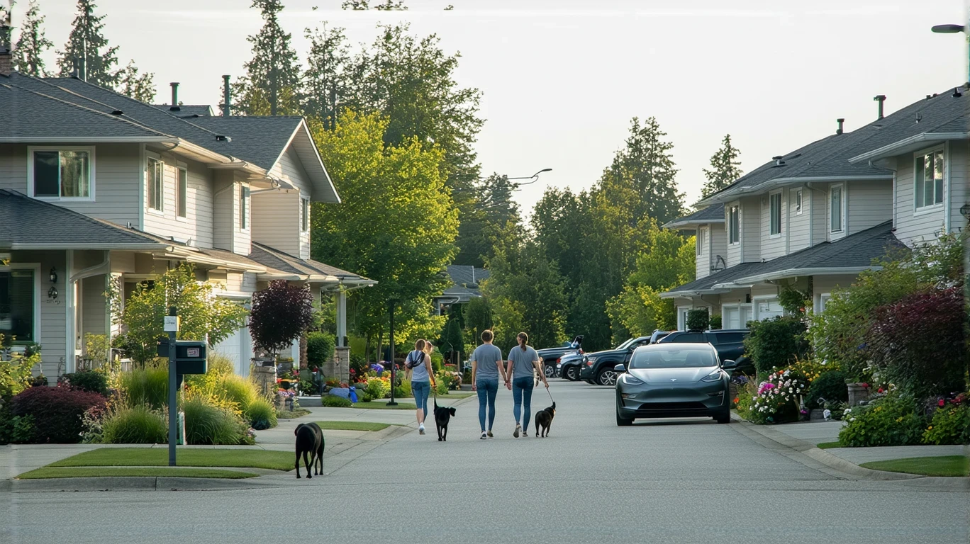 A suburban street in Kent, WA with craftsman homes, a couple walking a dog, and an electric car in a driveway.