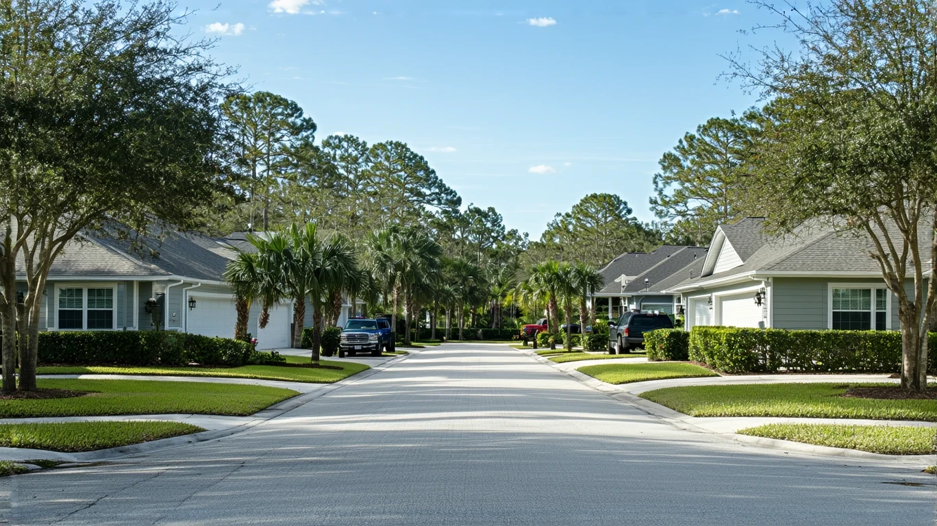 A quiet suburban street in Wesley Chapel, Florida with two well-maintained homes and cars in the driveways.
