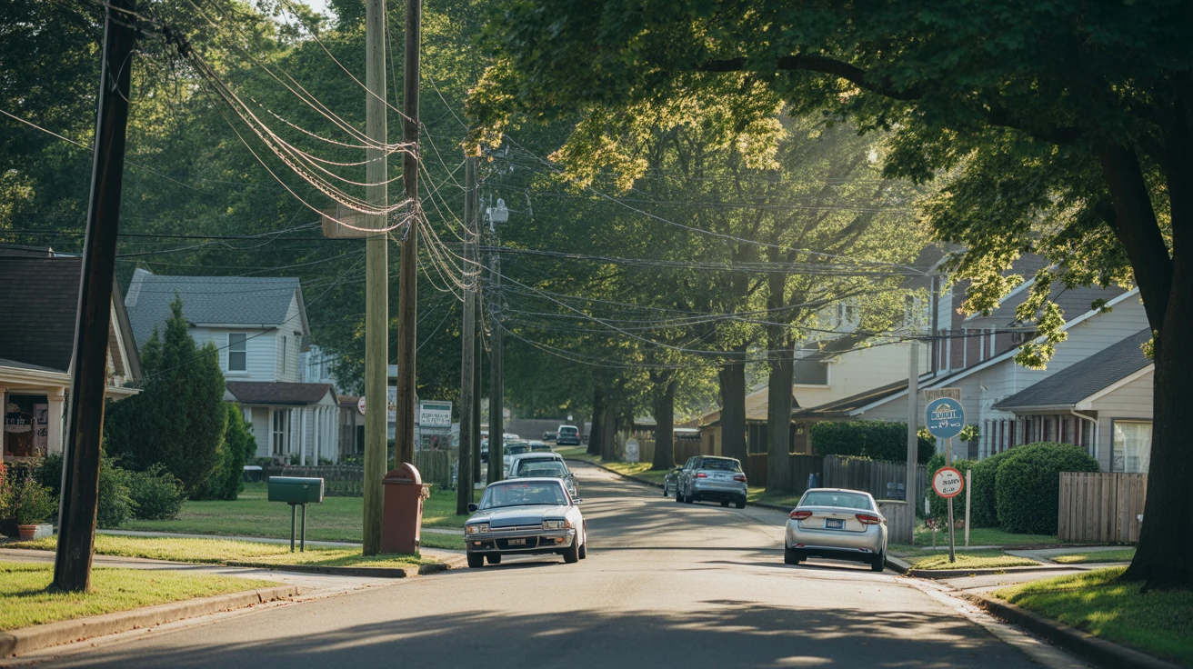 A sunny residential street in Spring Hill, TN with maple trees and parked cars.