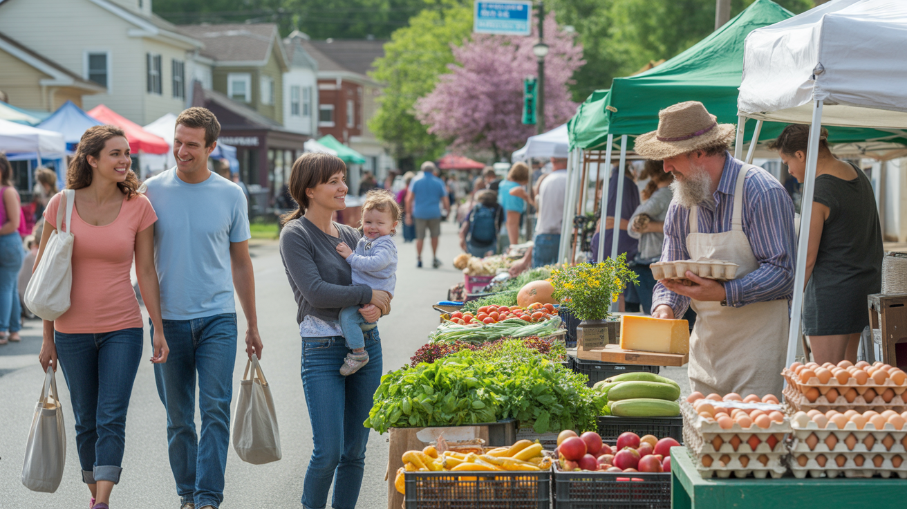 A couple shops for fresh produce at an outdoor farmers market in suburban Kannapolis, North Carolina on a sunny spring morning