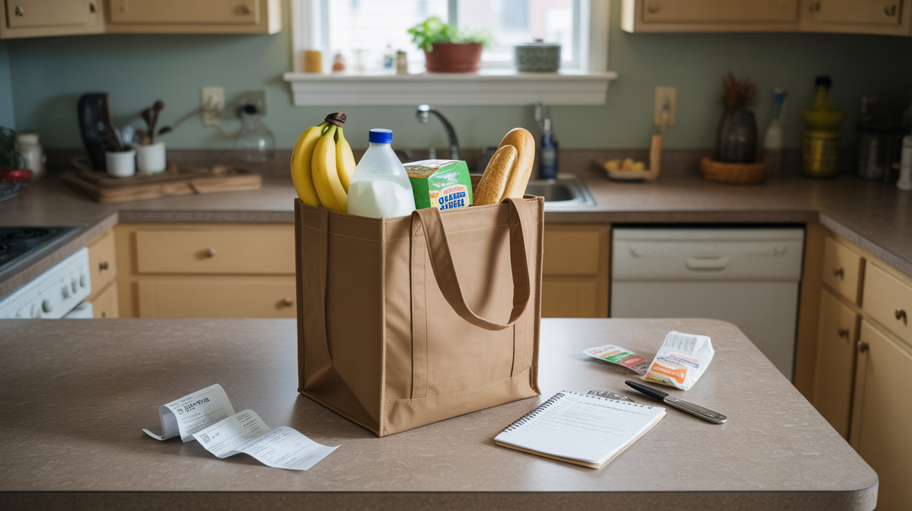 A grocery bag on a kitchen counter with a shopping list and receipts, in a modest home in Garner, North Carolina.