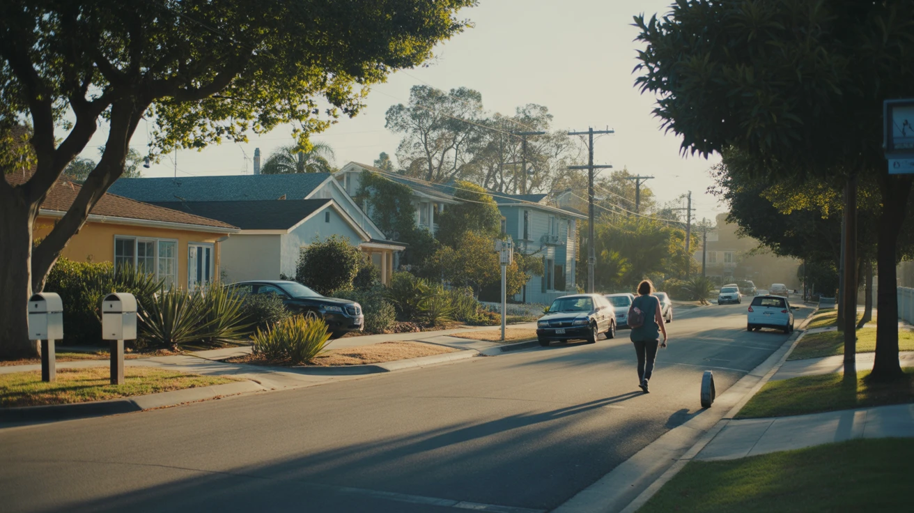 A residential San Diego street in morning light, with modest homes and leafy trees.