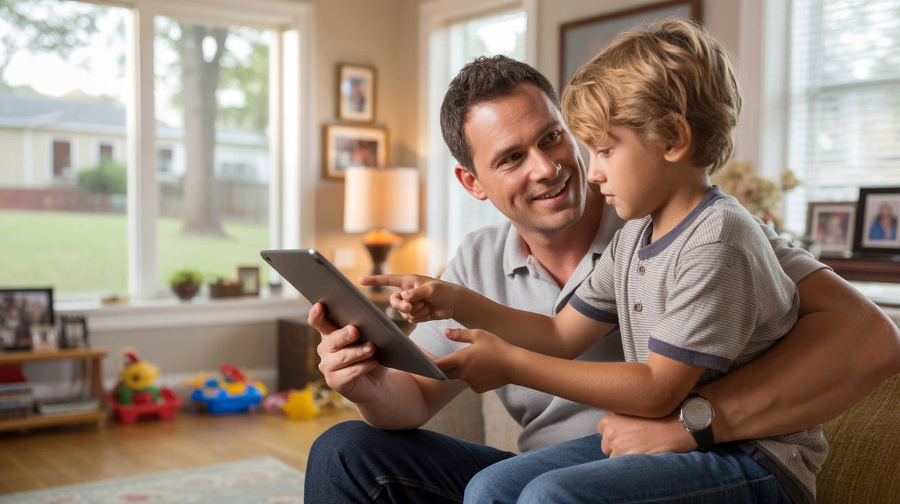Father and son using a streaming app on a tablet in their Indian Trail living room