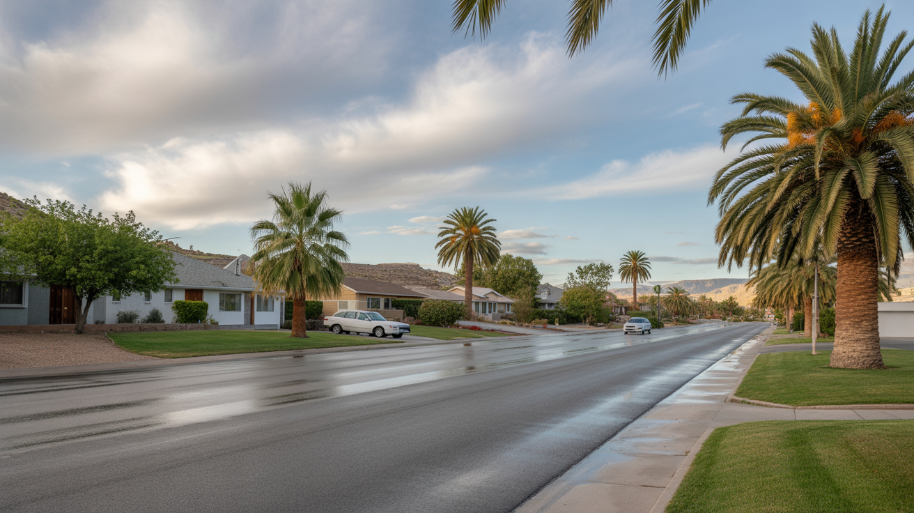 A residential street in Boulder City, Nevada after a light rain, with palm trees lining the sidewalk and ranch-style homes.