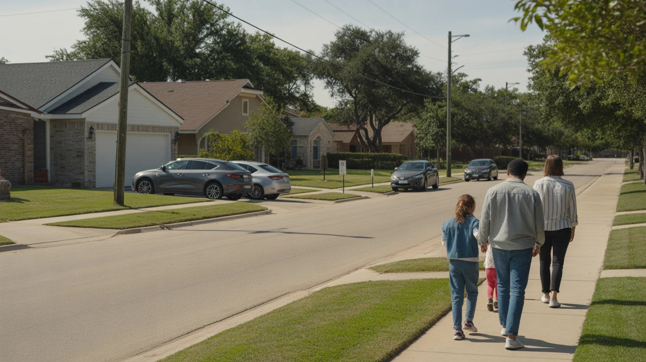 A sunny suburban street in Carrollton, Texas with modern homes, tidy lawns, parked cars and a family walking on the sidewalk.