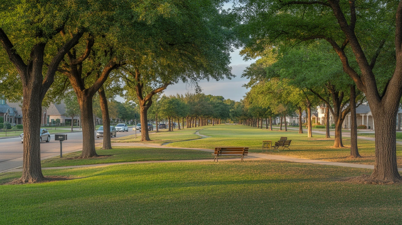 A quiet public park in Frisco, Texas with a green lawn, oak trees, empty benches, and golden hour lighting.