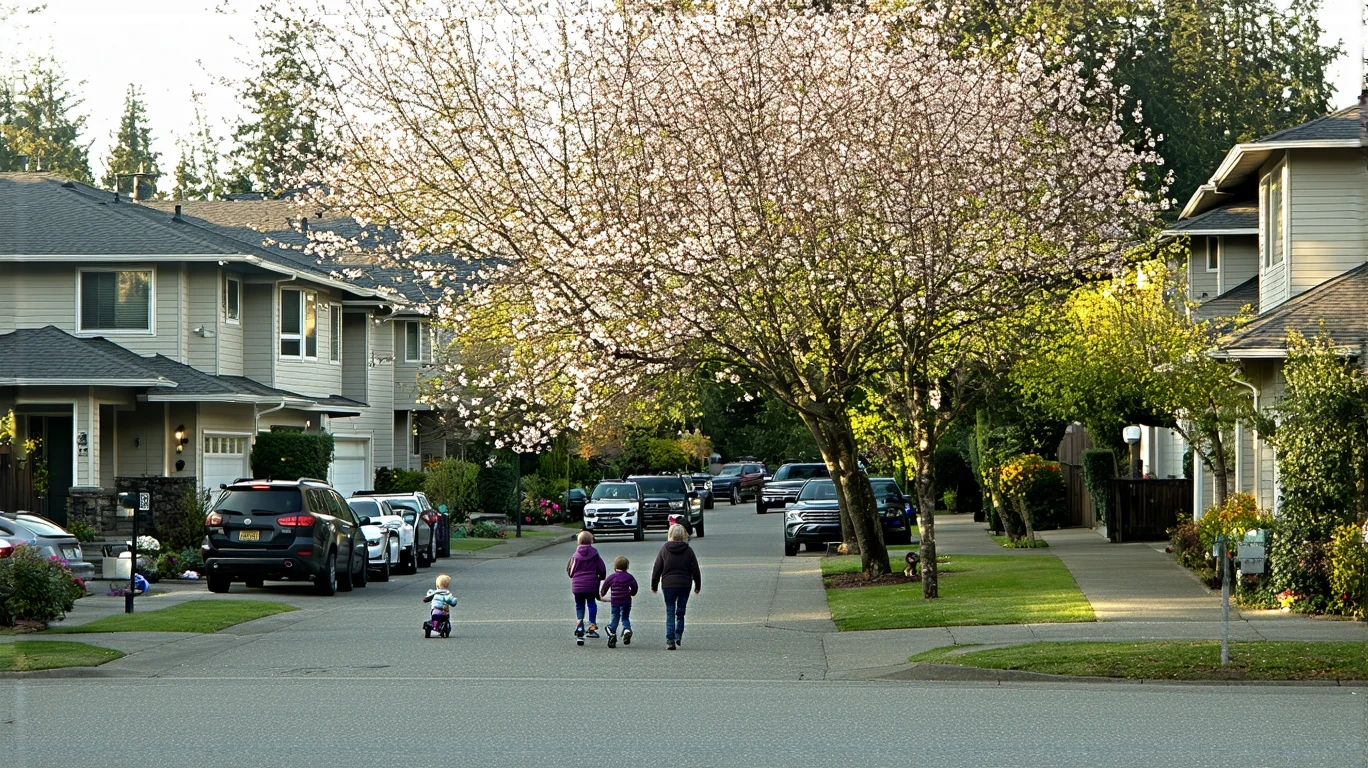 A residential street in Federal Way, WA with craftsman-style homes, a family walking, and a flowering tree in the foreground.