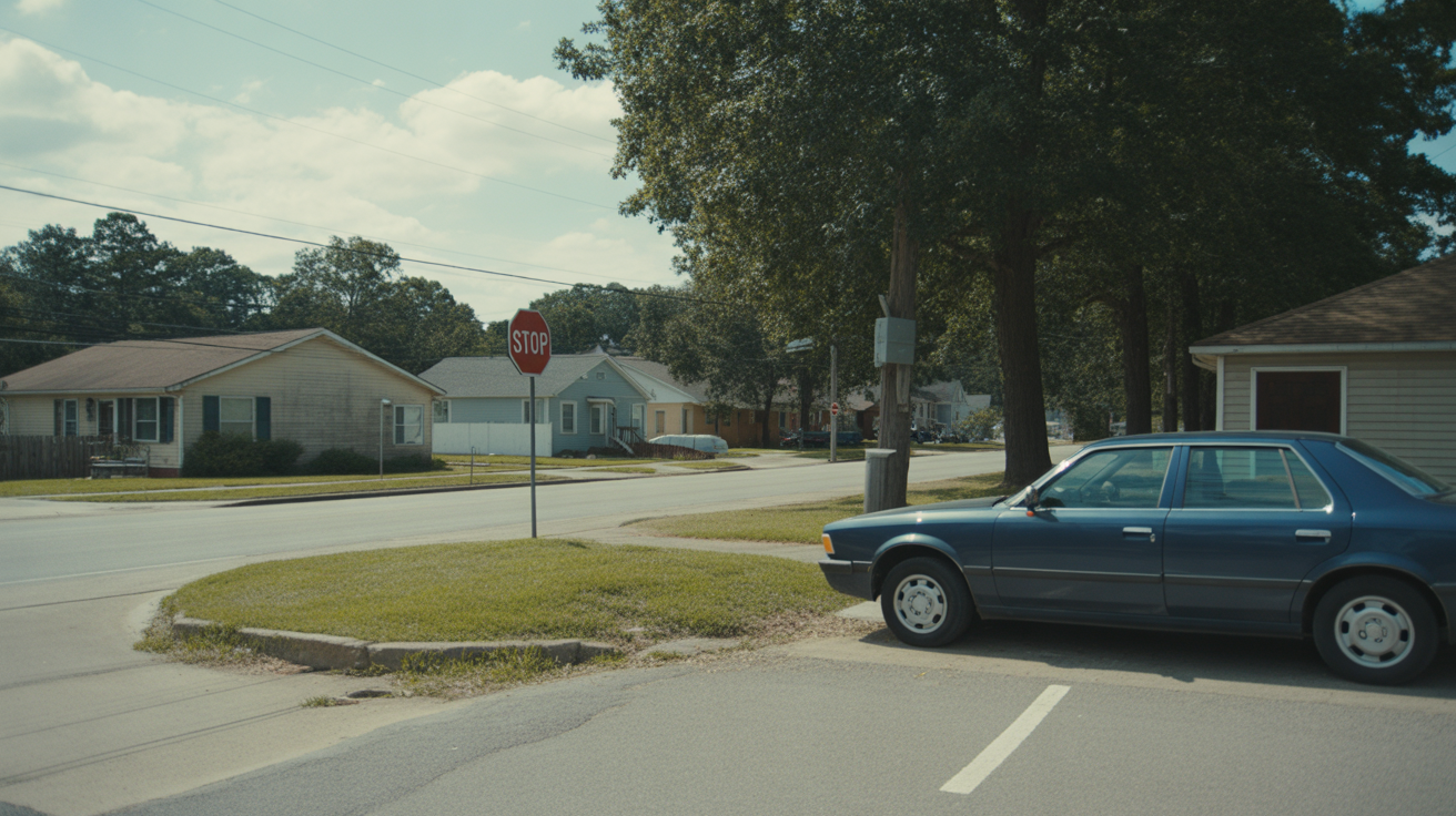 A residential street corner in Garner with an old parked car, patchy grass, and power lines overhead on a partly cloudy day
