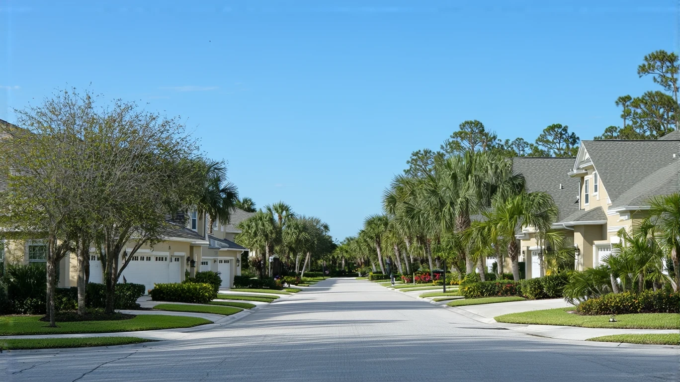 A sunny suburban street in Sanford, Florida lined with well-maintained stucco homes and tidy landscaping.