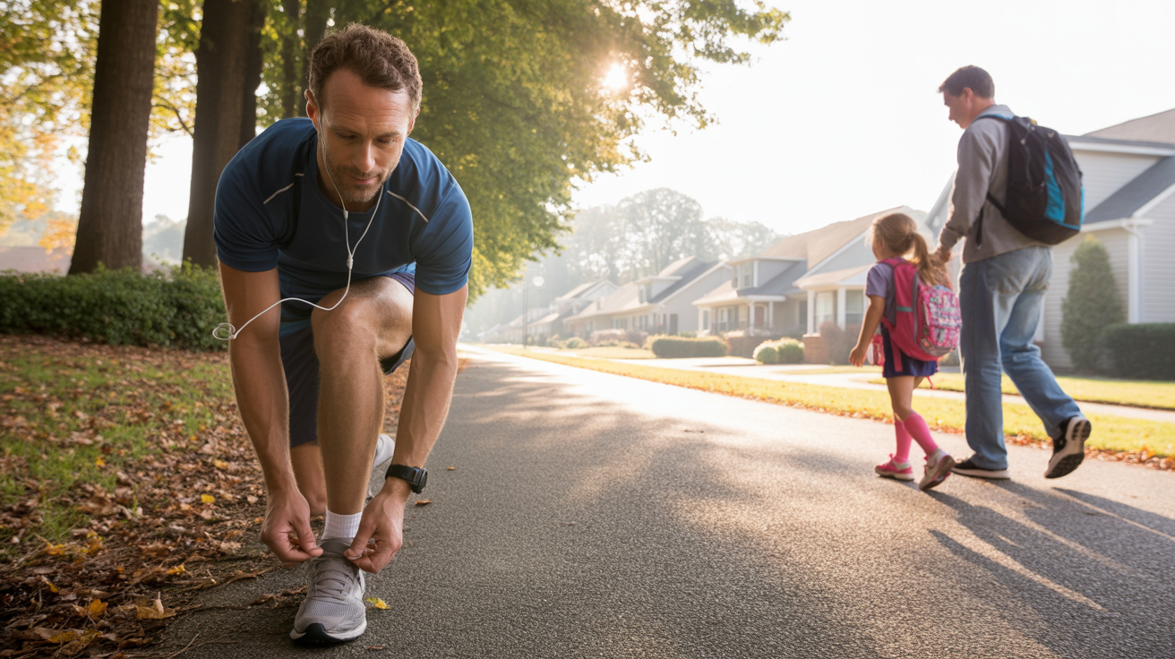 Man tying running shoes on neighborhood trail in Indian Trail NC