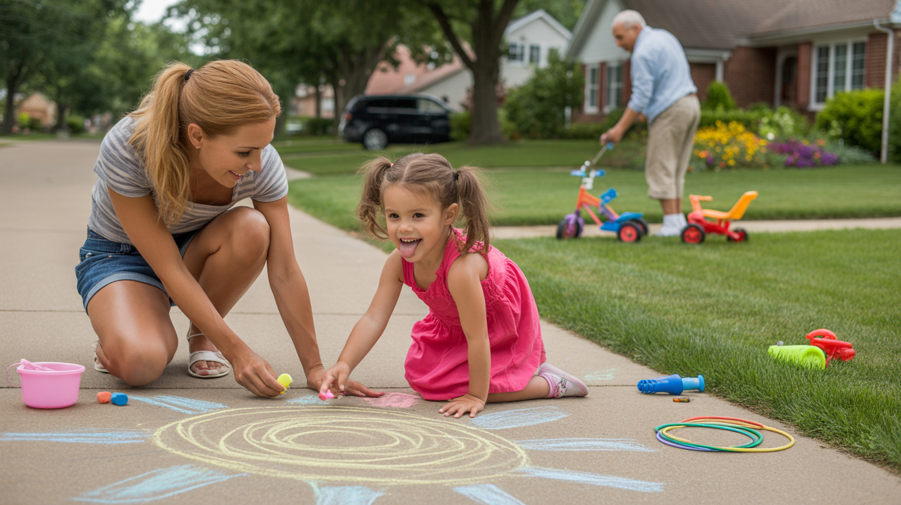 A mother and daughter drawing with chalk on the sidewalk in front of their suburban home in Lyndon, Kentucky on a sunny afternoon.