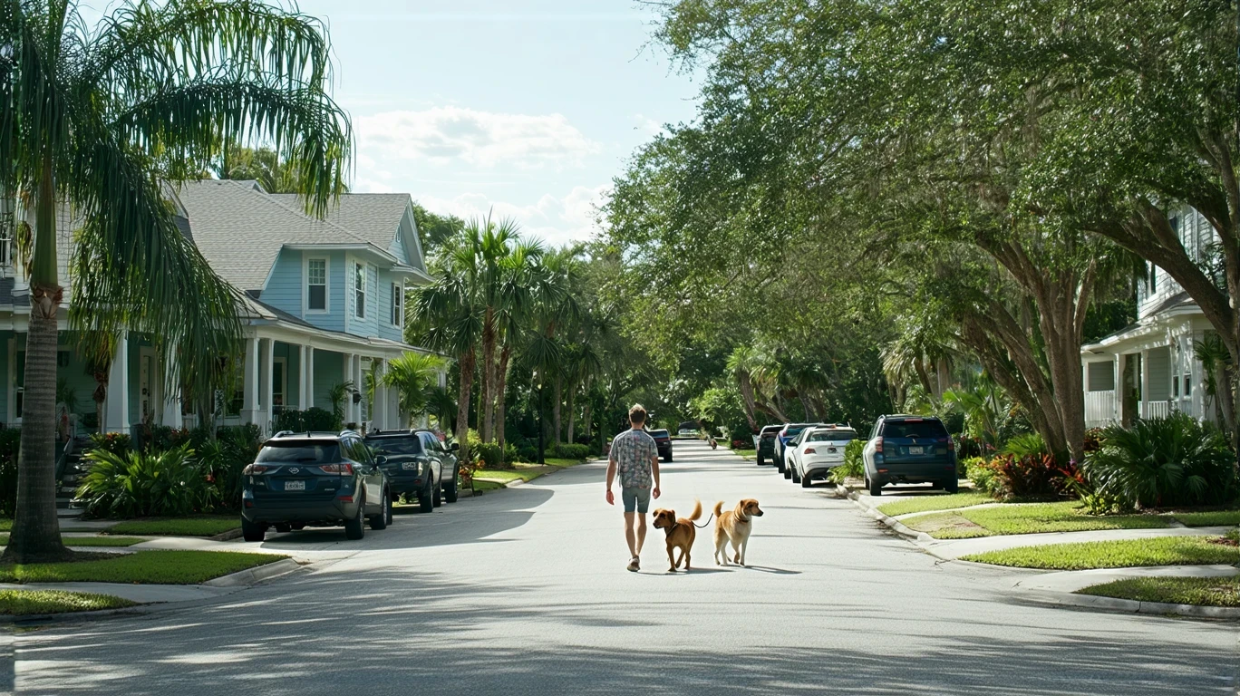 A couple walking their dog on the sidewalk of a pleasant St Petersburg neighborhood lined with craftsman-style homes and lush landscaping.