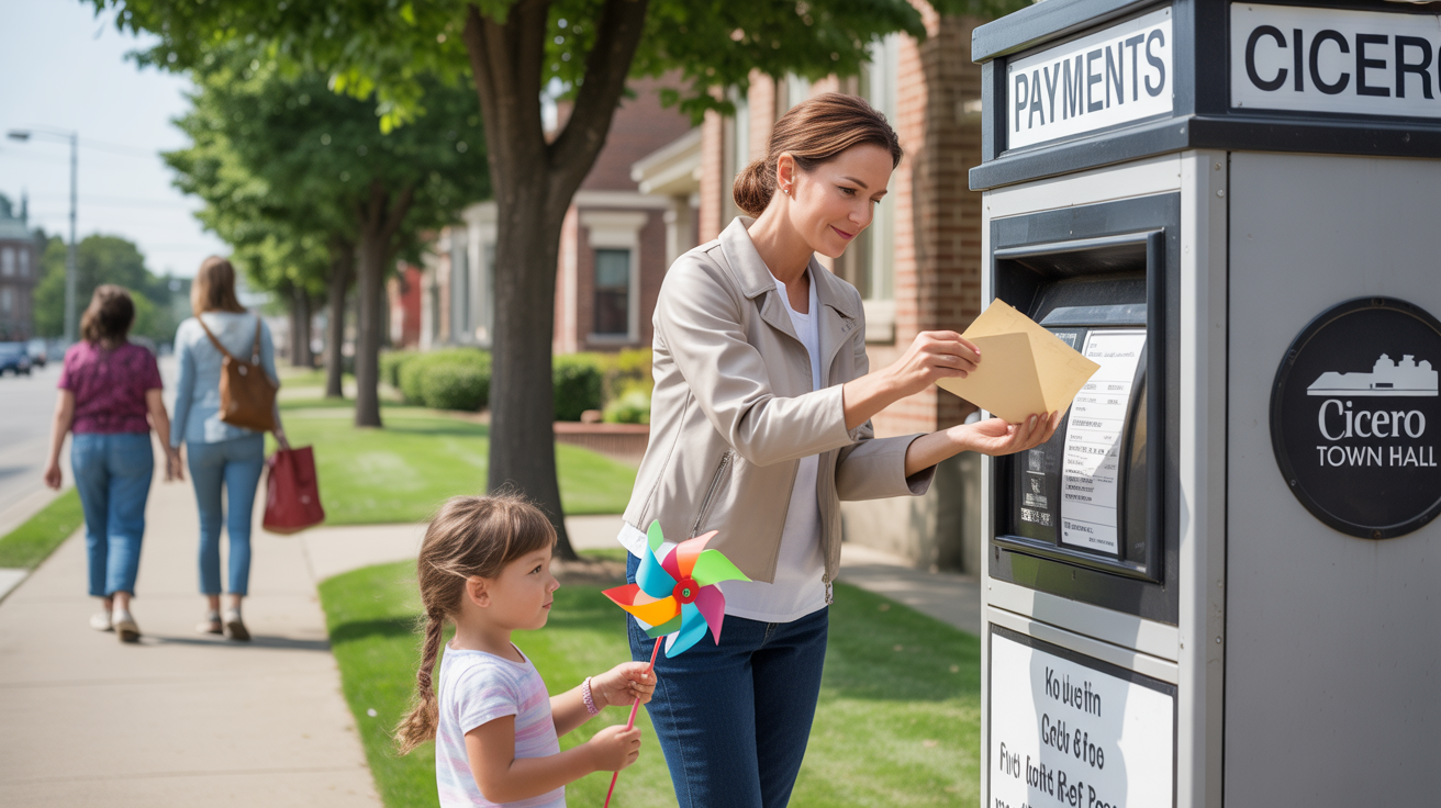 Woman mailing utility payment at outdoor kiosk in Cicero, Illinois with daughter waiting nearby