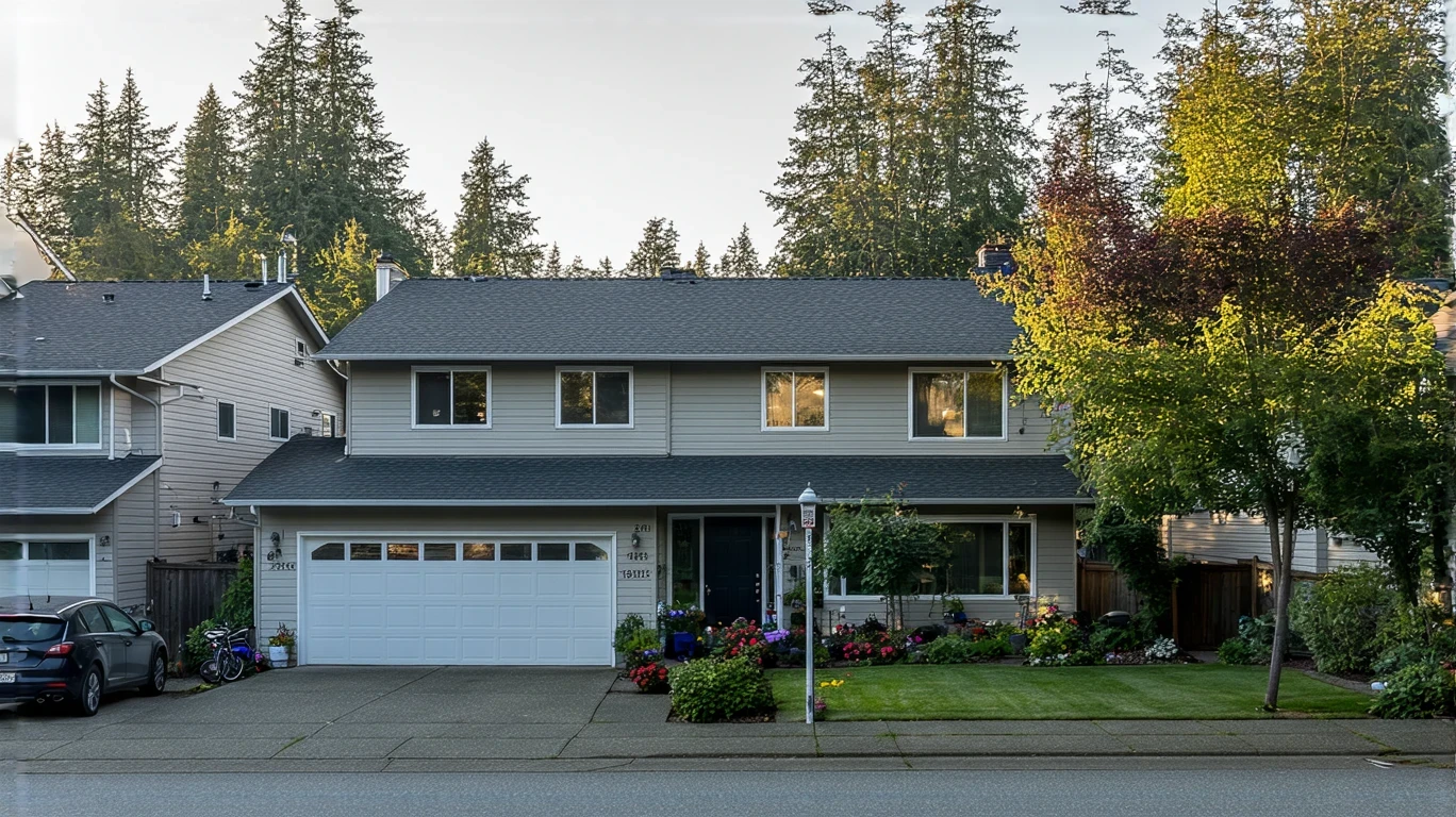 Exterior view of a craftsman-style home in Federal Way, Washington with a manicured lawn and driveway.