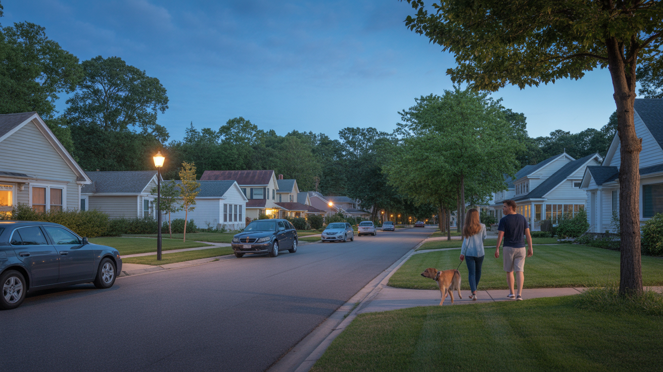A peaceful residential street in Wake Forest, NC at dusk with houses, parked cars, and a couple walking their dog.