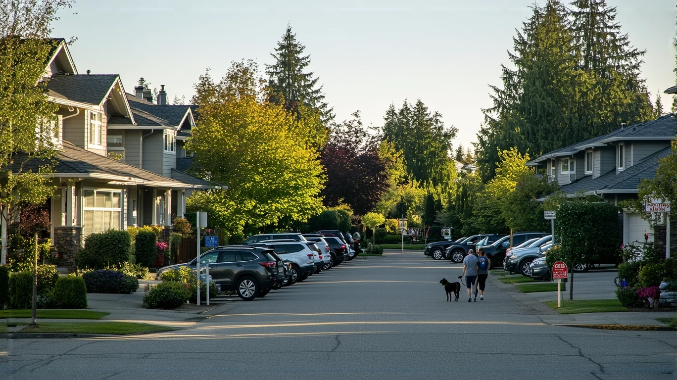 A residential street in Bothell, WA lined with craftsman houses and townhomes on a sunny day