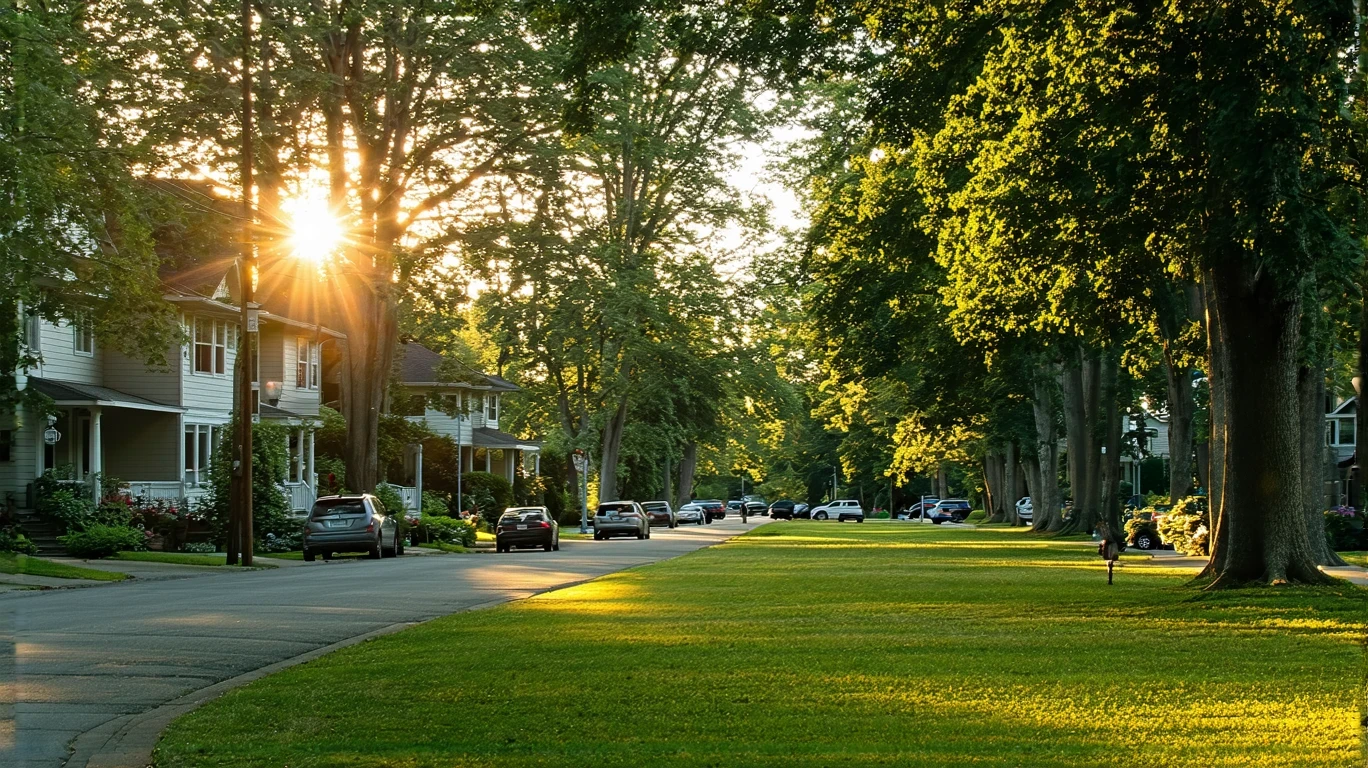 A quiet park in Bothell, WA with green grass, oak trees, and empty benches at sunset