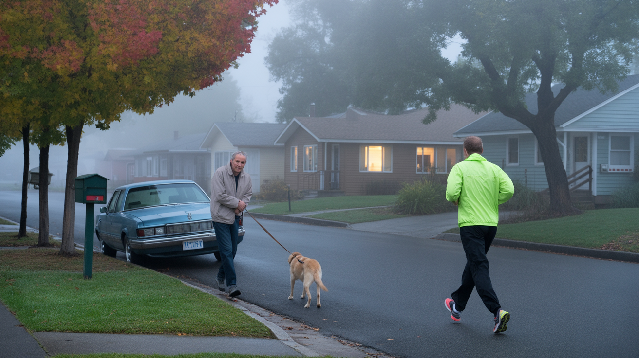 A man walks his dog on a foggy morning street in Enterprise, NV lined with homes, mailboxes and a parked car under a maple tree.