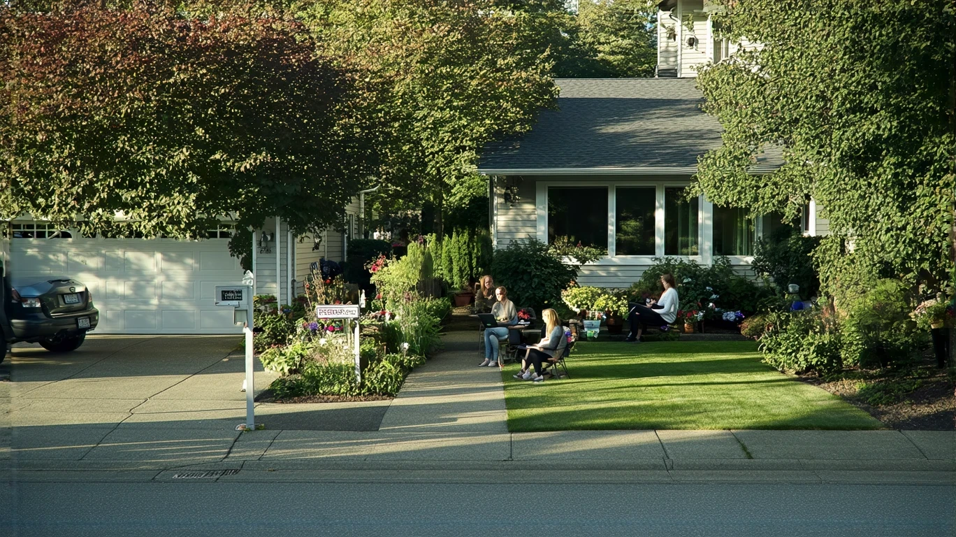 A young woman works on her laptop in the front room of a craftsman-style home in Sammamish, WA. Her small dog sits nearby.