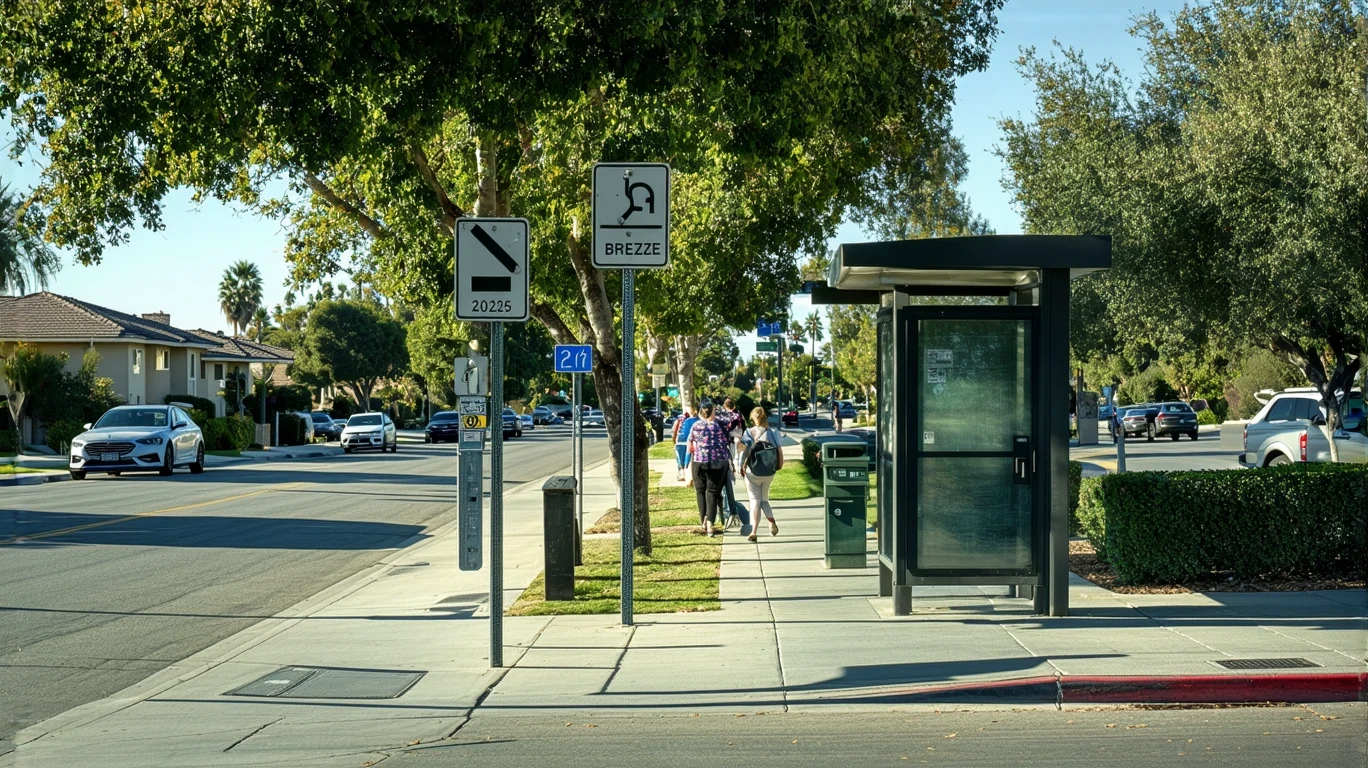 A BREEZE bus stop shelter on a residential street in Escondido, California on a sunny day with a few people walking and waiting for the bus