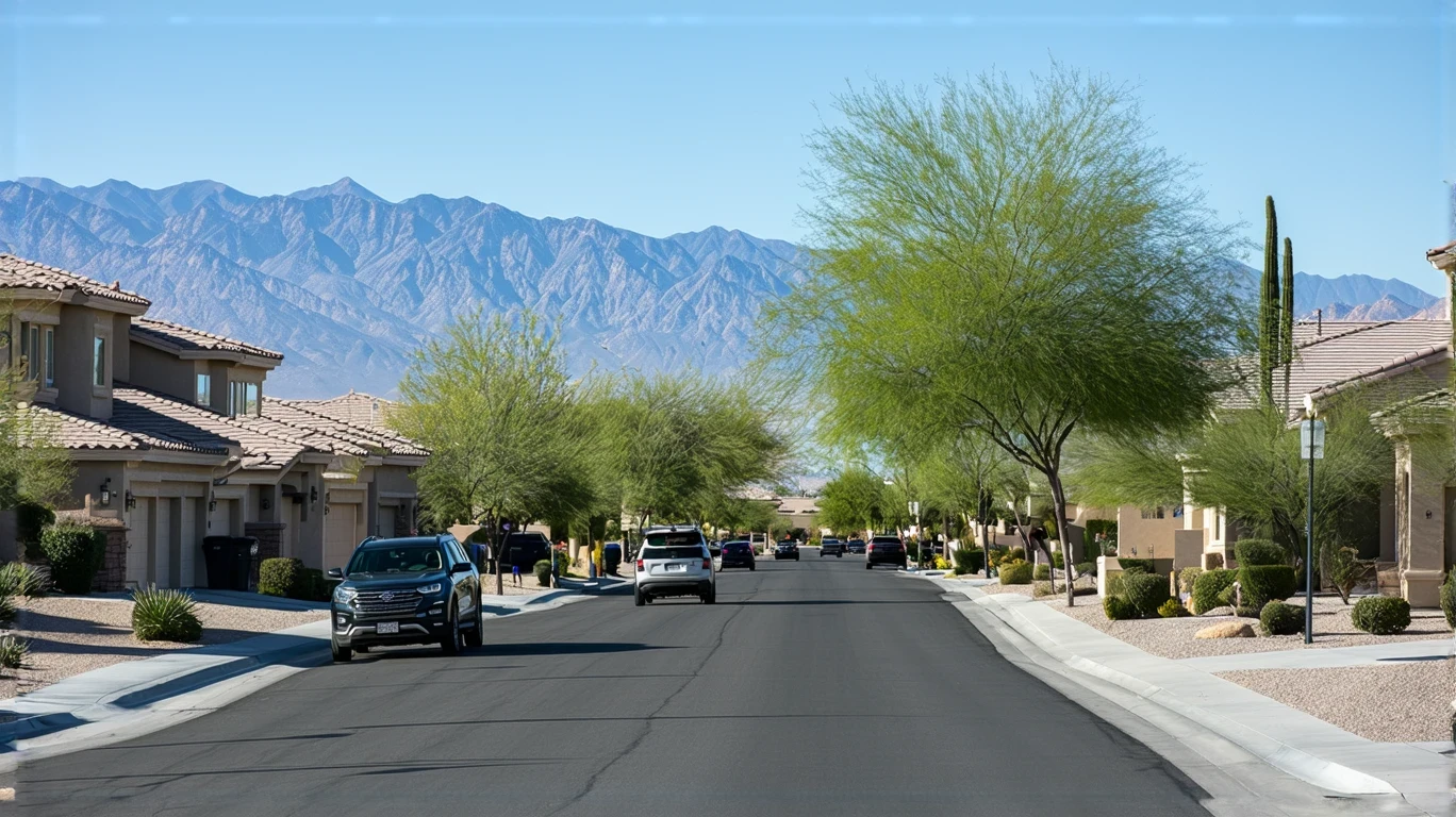 A public bus driving through a residential neighborhood in Summerlin South, Nevada on a sunny day.