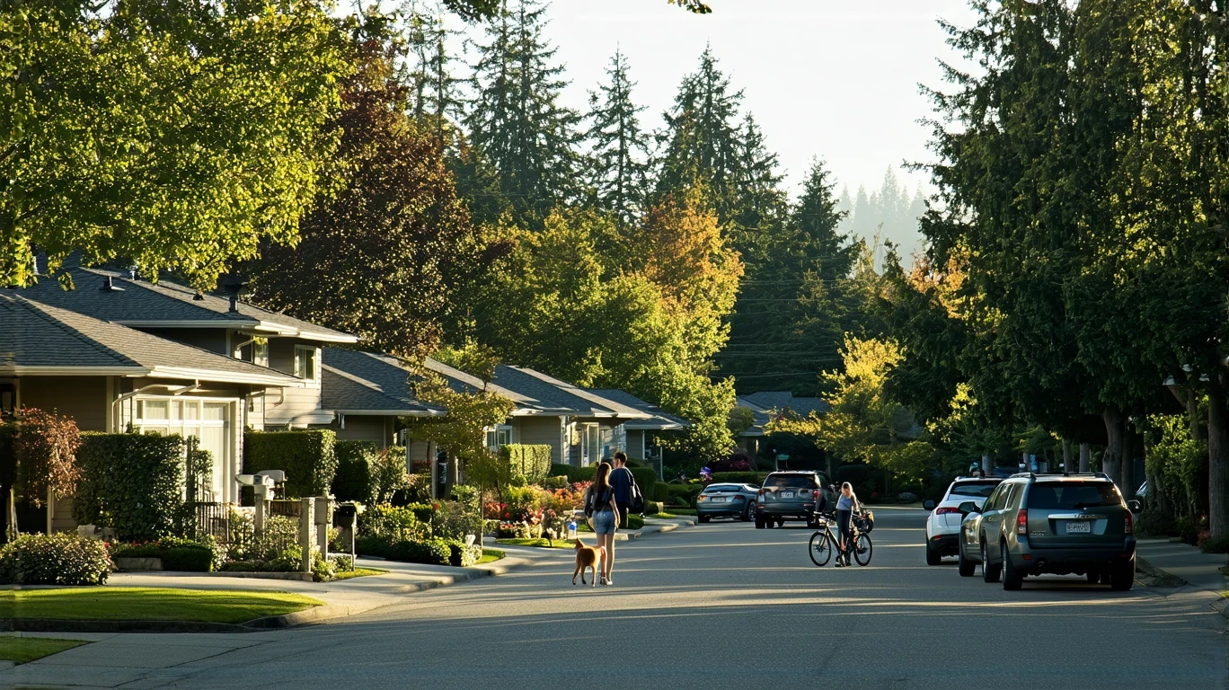 A suburban street in Redmond, WA with craftsman homes, a woman walking her dog, and a couple unloading groceries from a car.