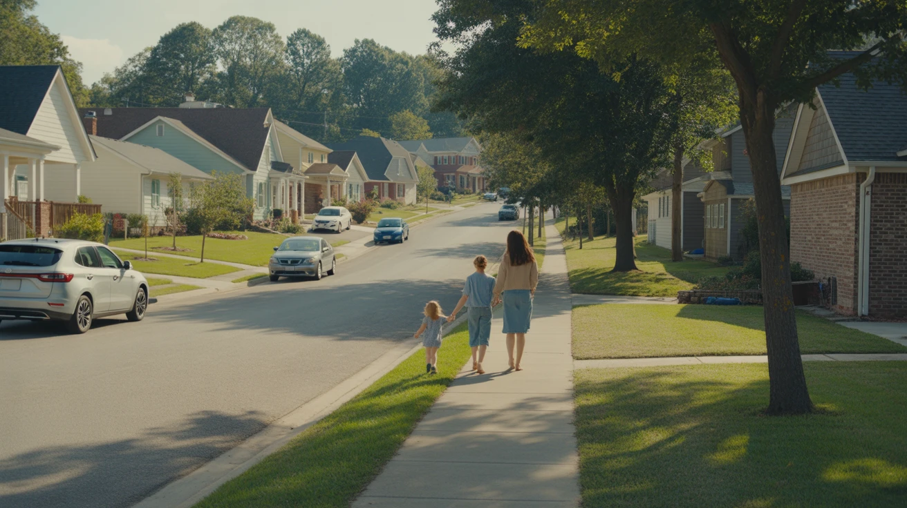 A sunny suburban street in La Vergne lined with modern single-family homes and a young family walking on the sidewalk.