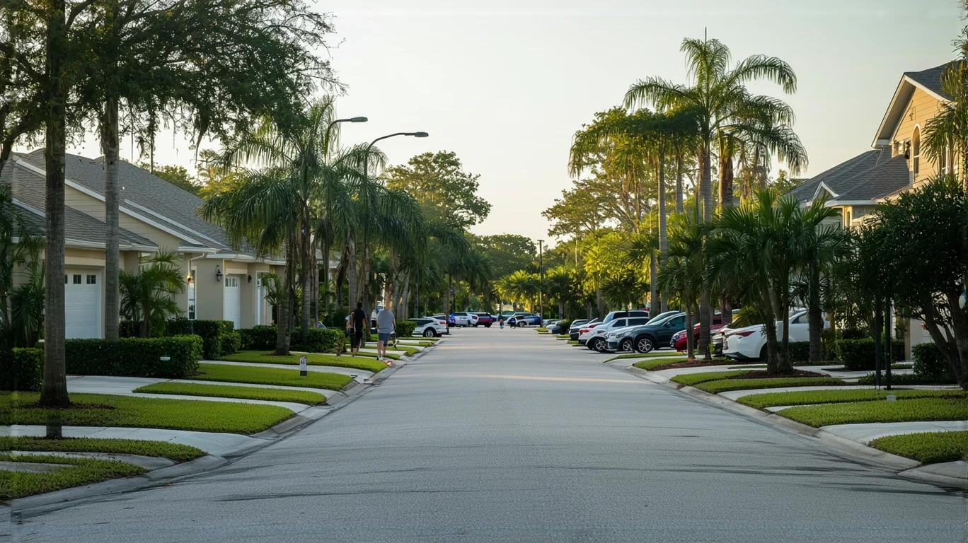 A residential street in Tampa with Floridian-style homes, palm trees, and a student walking on the sidewalk.