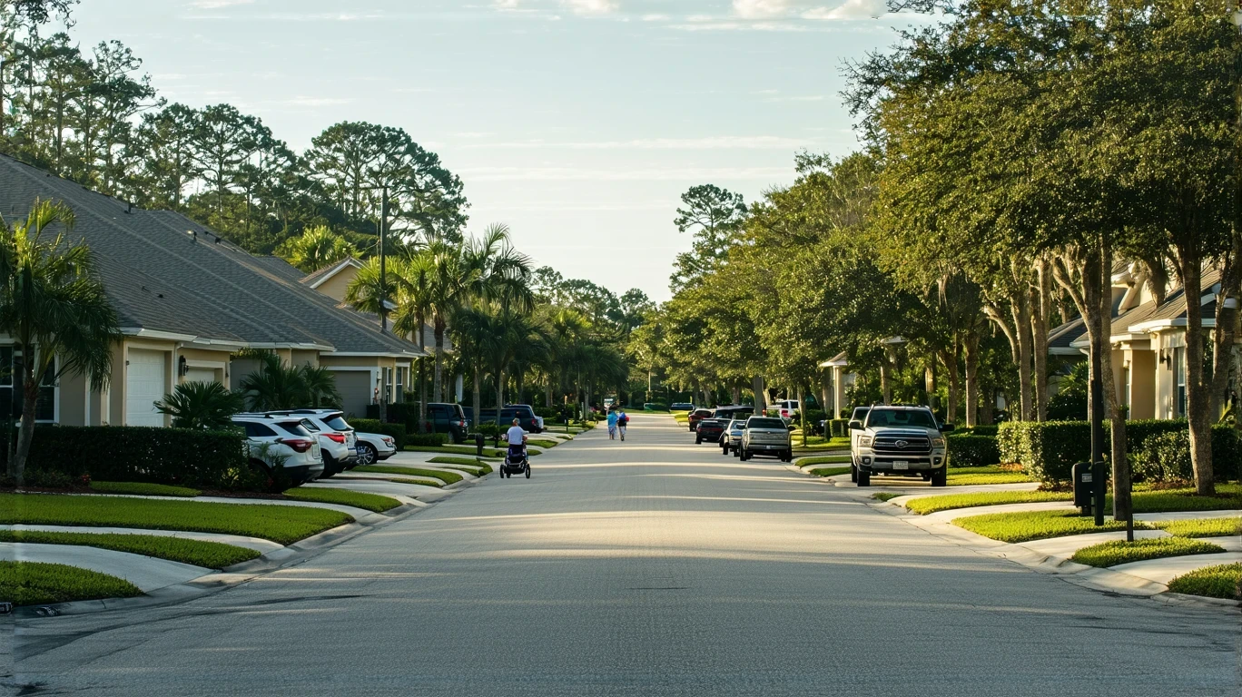 A suburban street in Ocoee, Florida lined with modest stucco homes and palm trees. A father pushes a stroller on the sidewalk.