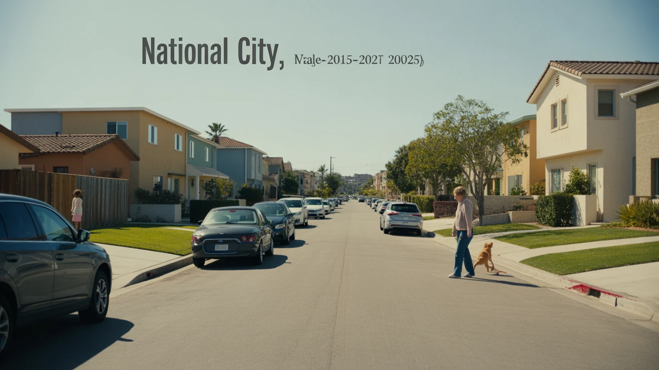 A sunny residential street in National City, California lined with modest single-family homes and parked cars.
