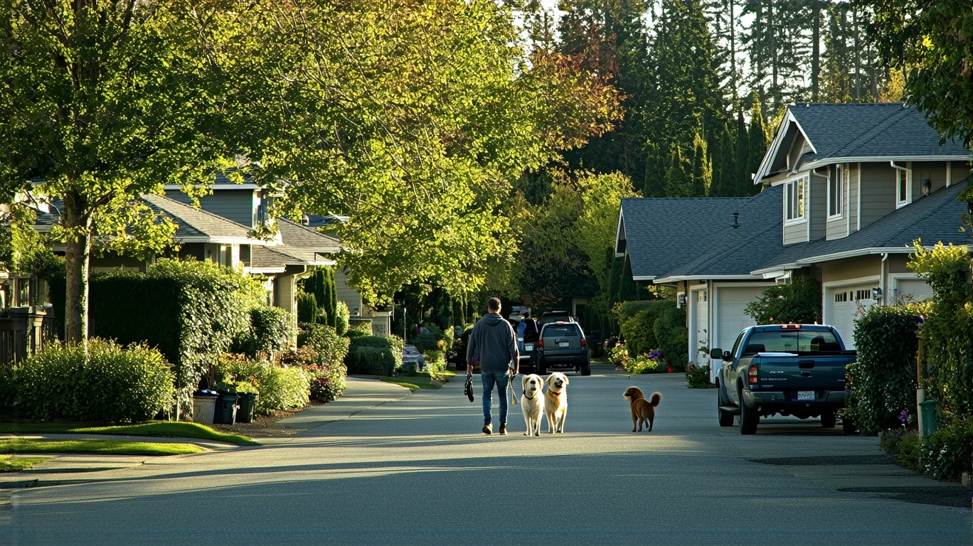 A young couple walking their dog on a tree-lined residential street in Sammamish, Washington
