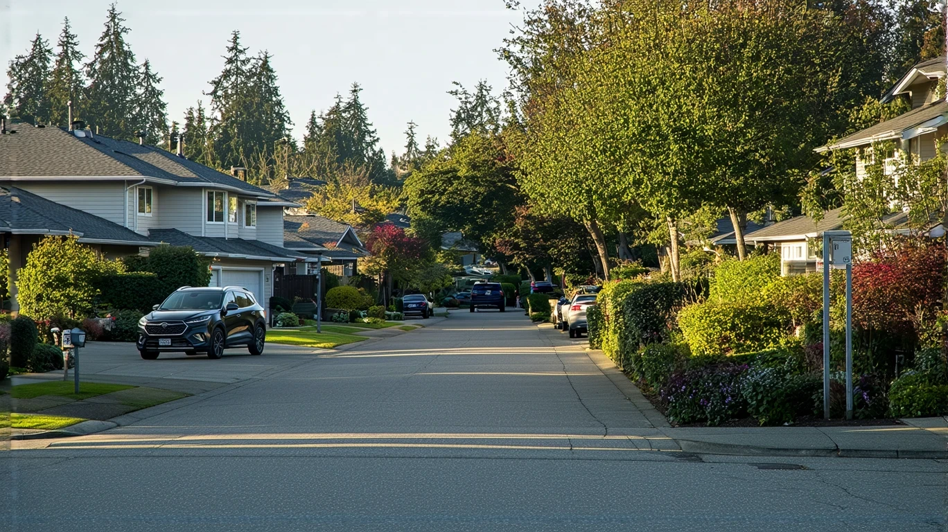 A cul-de-sac in Edmonds, WA with brick wall, native plants, craftsman homes, and a car in a driveway.