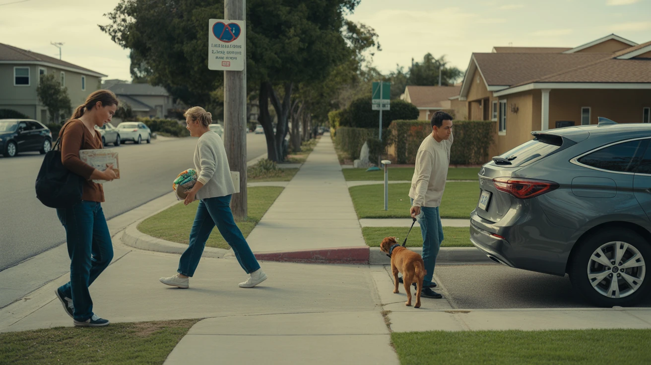 Front yard of a suburban home in El Cajon, California, with a resident walking on the sidewalk.