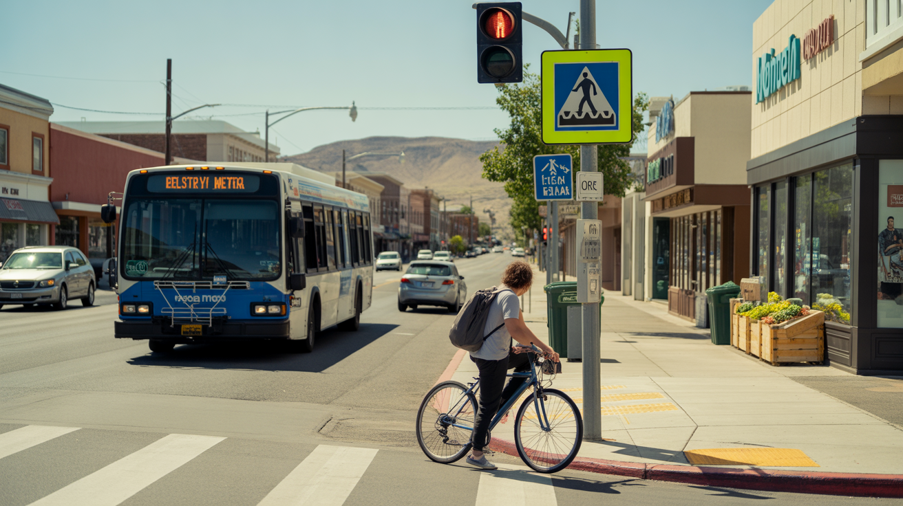 A city bus approaches a quiet intersection in Enterprise, Nevada while a cyclist waits at the crosswalk on a sunny afternoon.