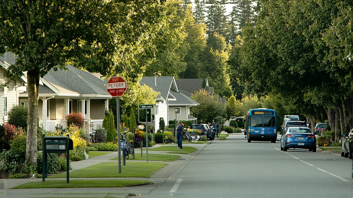 A bus approaches a small group of people waiting at a bus stop on a residential street in Bothell, Washington.