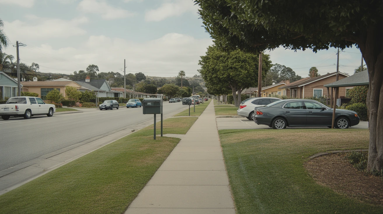 A residential street in Escondido with parked cars, small yards, and a curving sidewalk on a cloudy day.