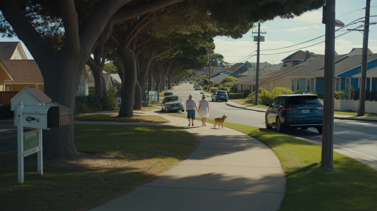A tree-lined sidewalk in Oceanside curves past single-family homes, a couple walking a dog in the distance.
