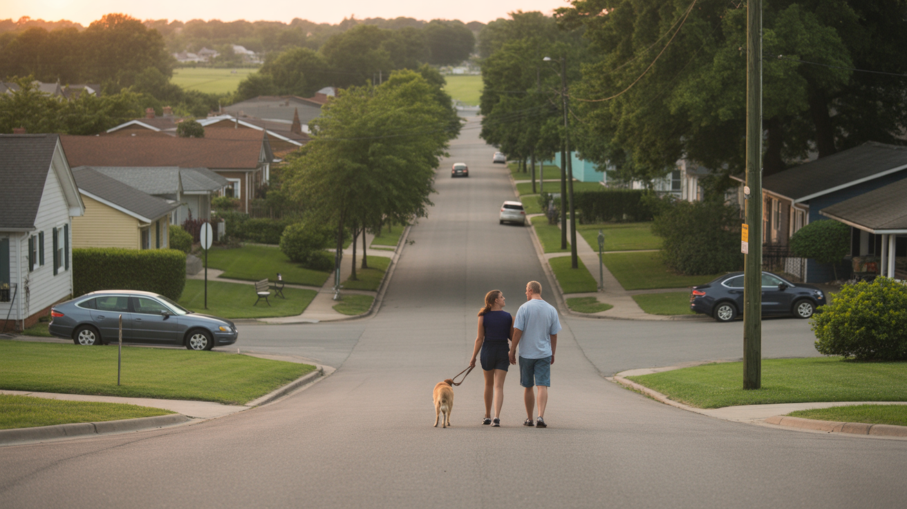 A couple walks their dog on a quiet residential street in Kannapolis at sunset.