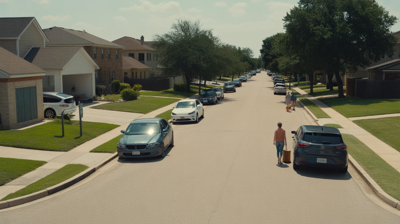 A sunny suburban street in Carrollton, Texas with modern homes, maintained lawns, and a few parked cars.