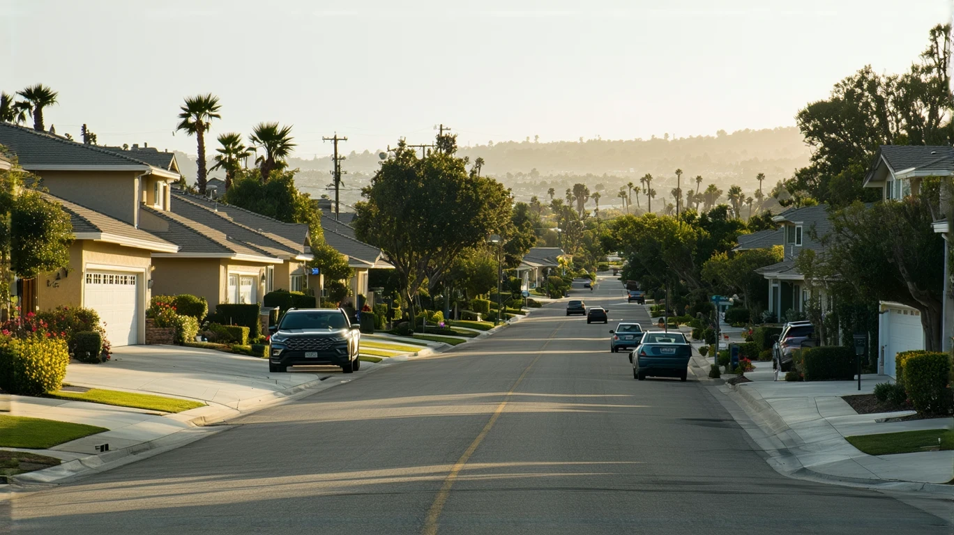 A sunny residential street in Encinitas, California lined with well-kept modern homes and drought-tolerant landscaping.