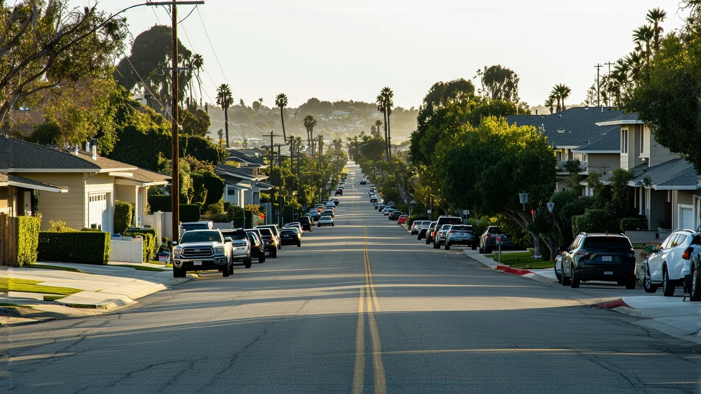 A quiet residential street in Encinitas lined with modern homes, tidy yards, and a few parked cars on a sunny afternoon.