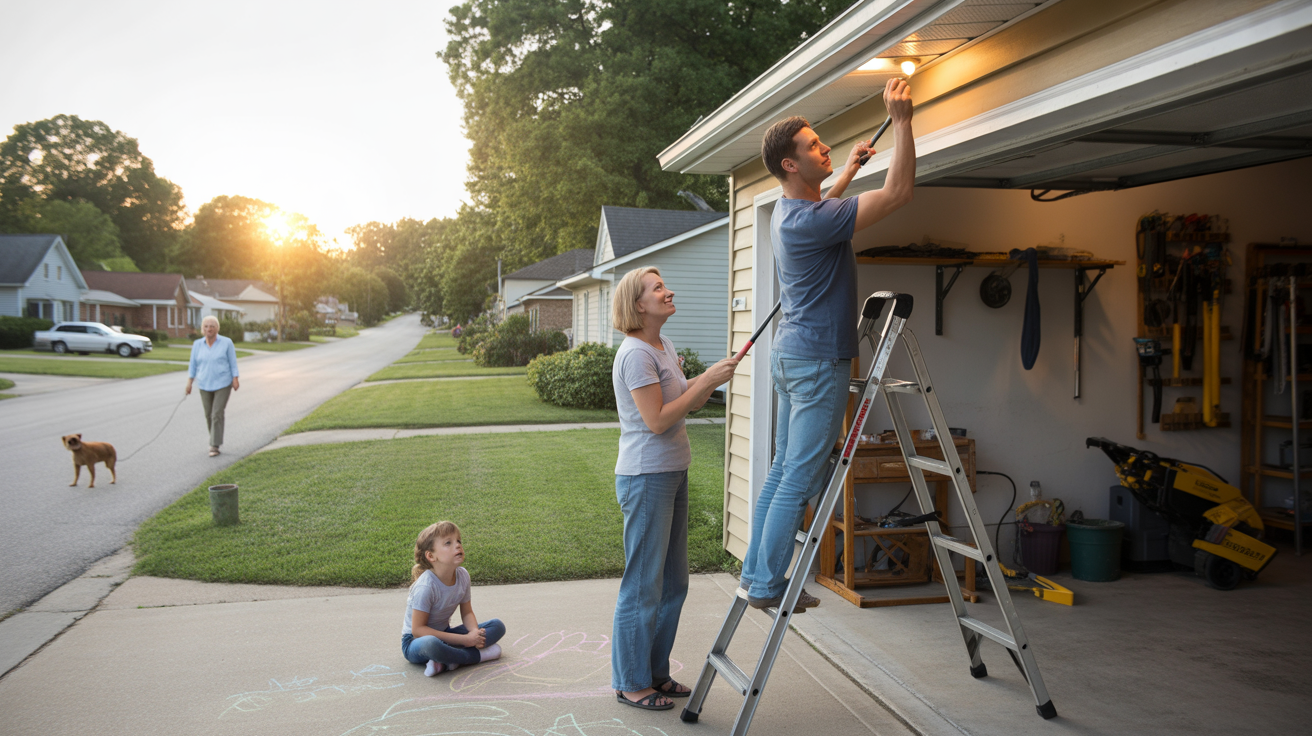 A man changes a light bulb in his garage while his wife holds the ladder and their daughter plays nearby in a quiet Okolona neighborhood at sunset.