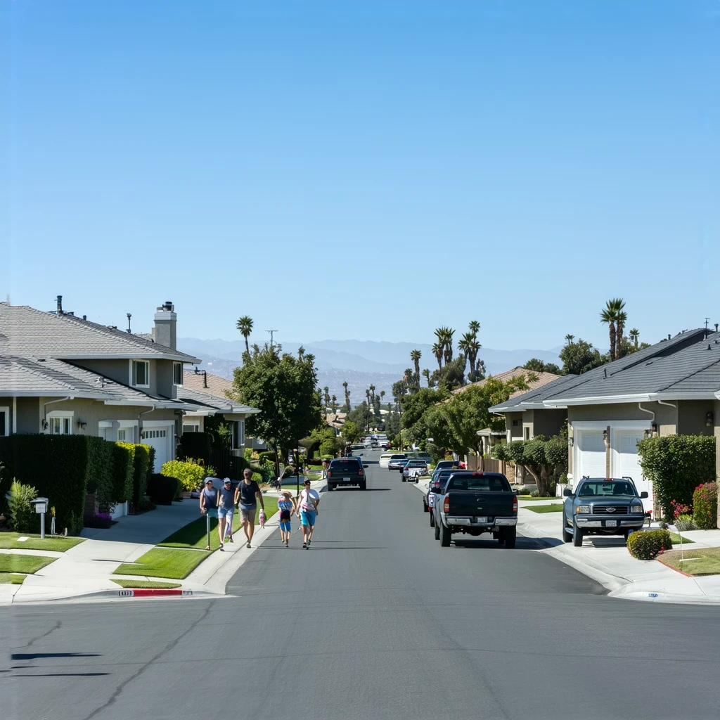 A sunny residential street in Santee, California with modest homes, parked cars, and a family walking on the sidewalk.